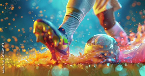 Dynamic Soccer Kick with Artistic Effects. Close-up of a soccer player’s foot kicking a soccer ball, enhanced with vibrant artistic effects and motion blur. © sderbane