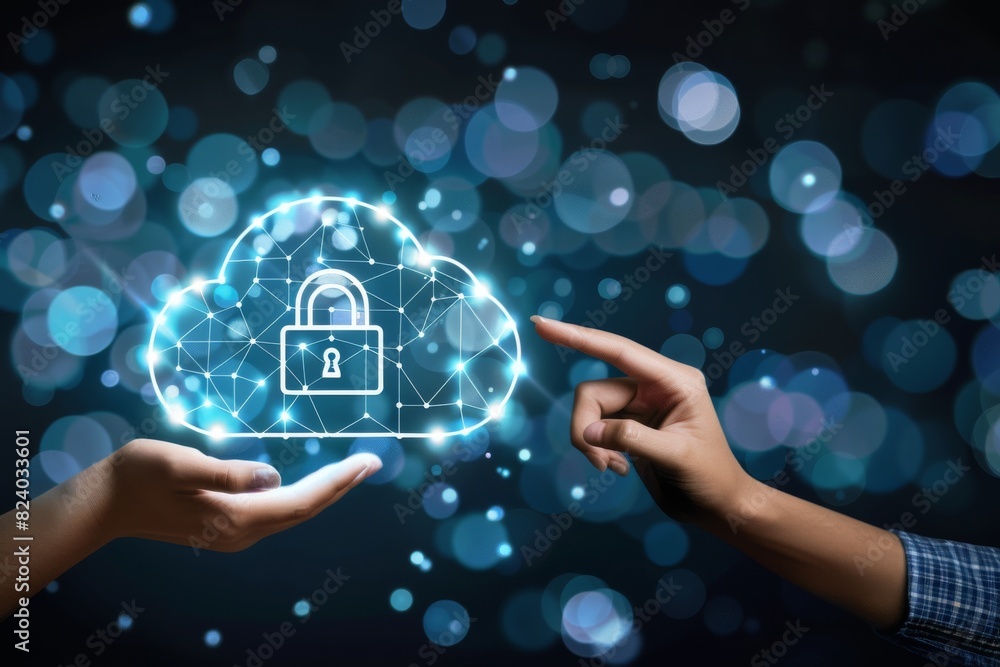 Hands presenting a glowing cloud with a lock, showcasing innovative cloud security technology and data protection solutions in a futuristic blue environment. Hands presenting a glowing cloud with a lock, showcasing innovative cloud security technology and data protection solutions in a futuristic blue environment.