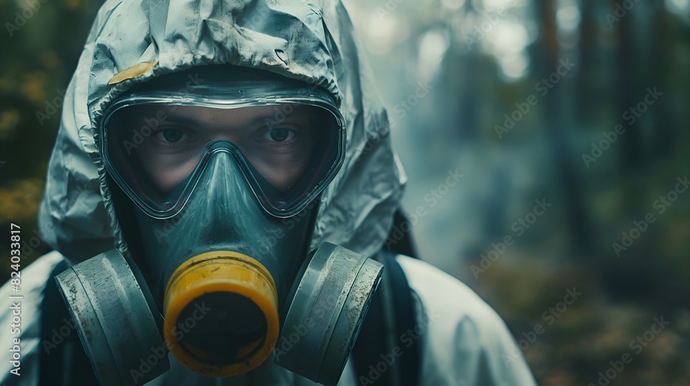 Man in Protective Gear: Close-Up of Person Wearing Gas Mask in Forest Setting - Survival, Safety, and Preparedness Concept Man in Protective Gear: Close-Up of Person Wearing Gas Mask in Forest Setting - Survival, Safety, and Preparedness Concept