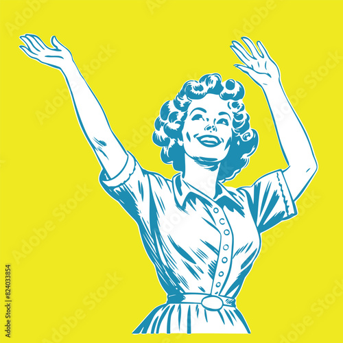 retro cartoon illustration of a happy woman raising her hands