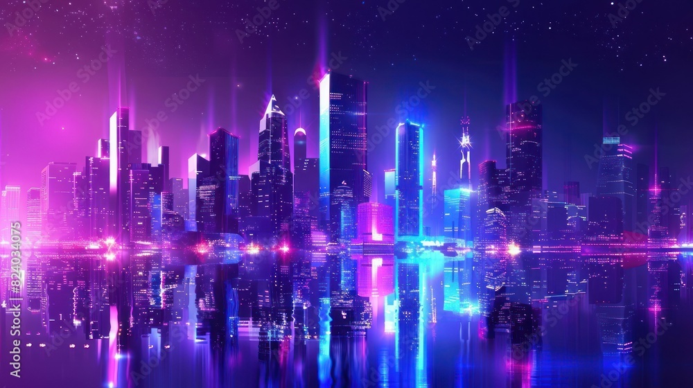 Cyberpunk city of cityscape night with retro wave future glowing purple neon light. AI generated