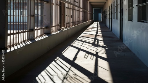 Sunlight casting sharp shadows across a barren hallway lined with cells  evoking a mood of solitude.