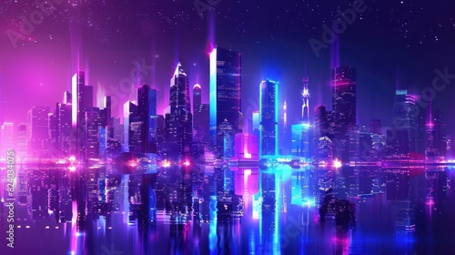 Cyberpunk city of cityscape night with retro wave future glowing purple neon light. AI generated