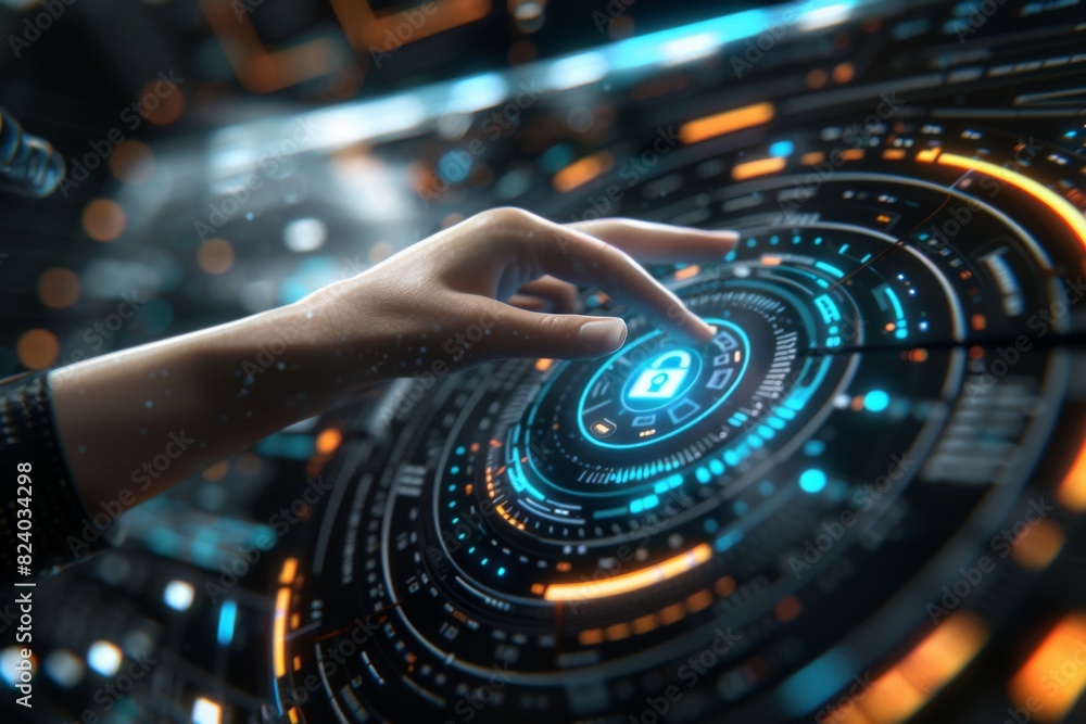 Hand interacting with a digital lock interface, showcasing advanced data protection and cybersecurity measures in a high-tech circular environment. Hand interacting with a digital lock interface, showcasing advanced data protection and cybersecurity measures in a high-tech circular environment.