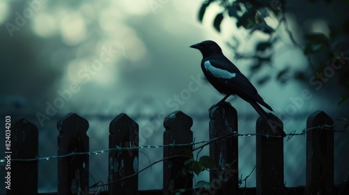 Magpie perched on the fence in low light conditions photo