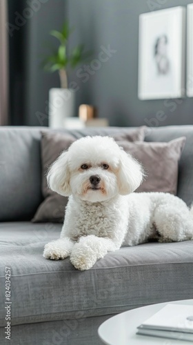 Fluffy White Dog Relaxing on a Sofa. Generative ai