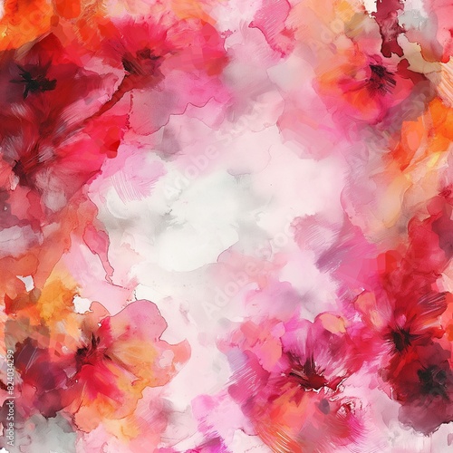 An abstract floral watercolor background with loose  fluid brushstrokes of reds  pinks  and oranges  blooming into shapes that suggest flowers in a sunlit garden.