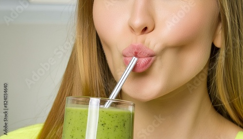 hübsche junge Frau mit schöne Lippen trinkt  ein Smoothie. photo