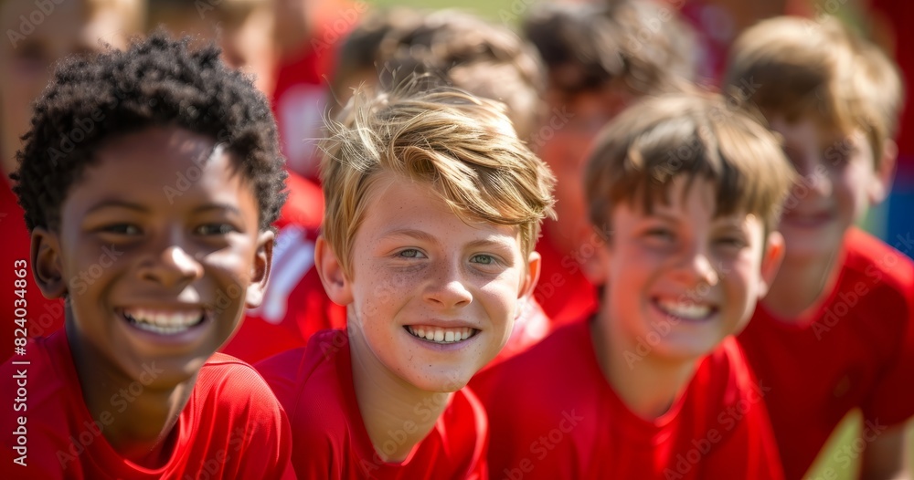 Smiling Young Soccer Players in Red Jerseys.
Group of smiling young boys in red soccer jerseys standing on a field, ready for a game or practice session. Smiling Young Soccer Players in Red Jerseys.
Group of smiling young boys in red soccer jerseys standing on a field, ready for a game or practice session.