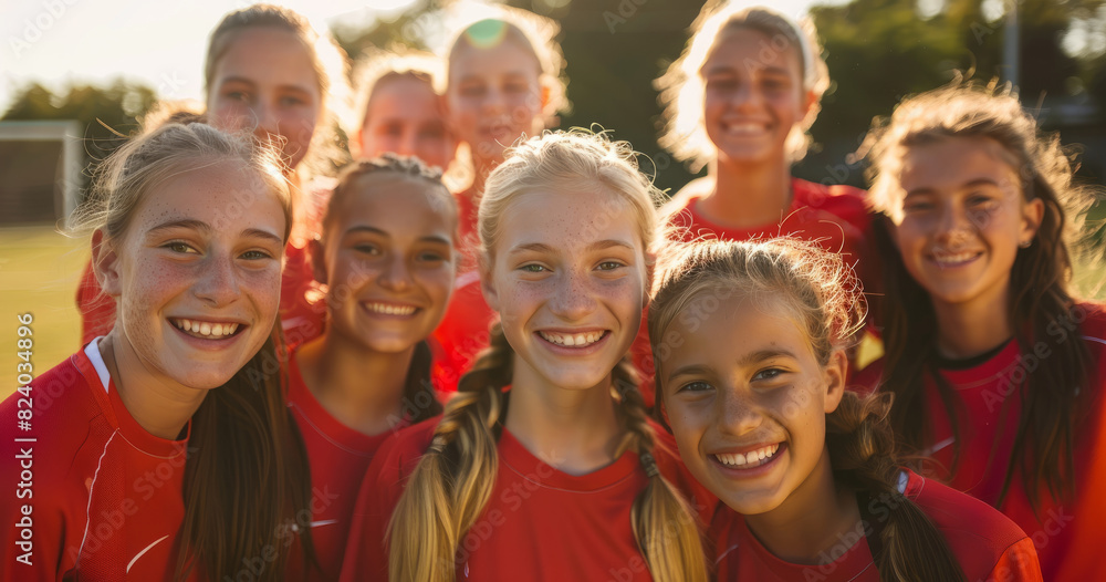 Smiling Young Girls Soccer Team in Red Jerseys.
Group of smiling young girls in red soccer jerseys standing in a line on a sunny day, ready for their game. Smiling Young Girls Soccer Team in Red Jerseys.
Group of smiling young girls in red soccer jerseys standing in a line on a sunny day, ready for their game.