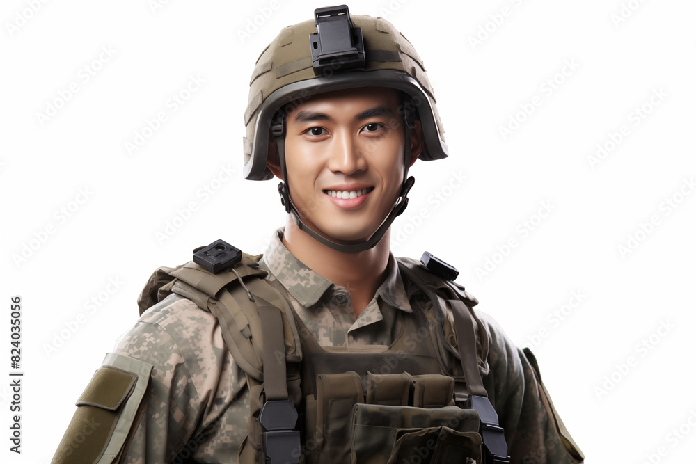 Smiling asian man on white background. War-related topics. War news. Military recruitment. Military service. World War. Asia man. Asian. China. Japan.. Image for graphic designer. IA. Smiling asian man on white background. War-related topics. War news. Military recruitment. Military service. World War. Asia man. Asian. China. Japan.. Image for graphic designer. IA.
