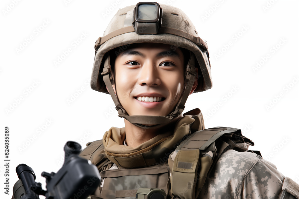 Smiling asian man on white background. War-related topics. War news. Military recruitment. Military service. World War. Asia man. Asian. China. Japan.. Image for graphic designer. IA. Smiling asian man on white background. War-related topics. War news. Military recruitment. Military service. World War. Asia man. Asian. China. Japan.. Image for graphic designer. IA.