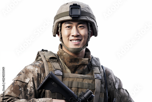 Smiling asian man on white background. War-related topics. War news. Military recruitment. Military service. World War. Asia man. Asian. China. Japan.. Image for graphic designer. IA.