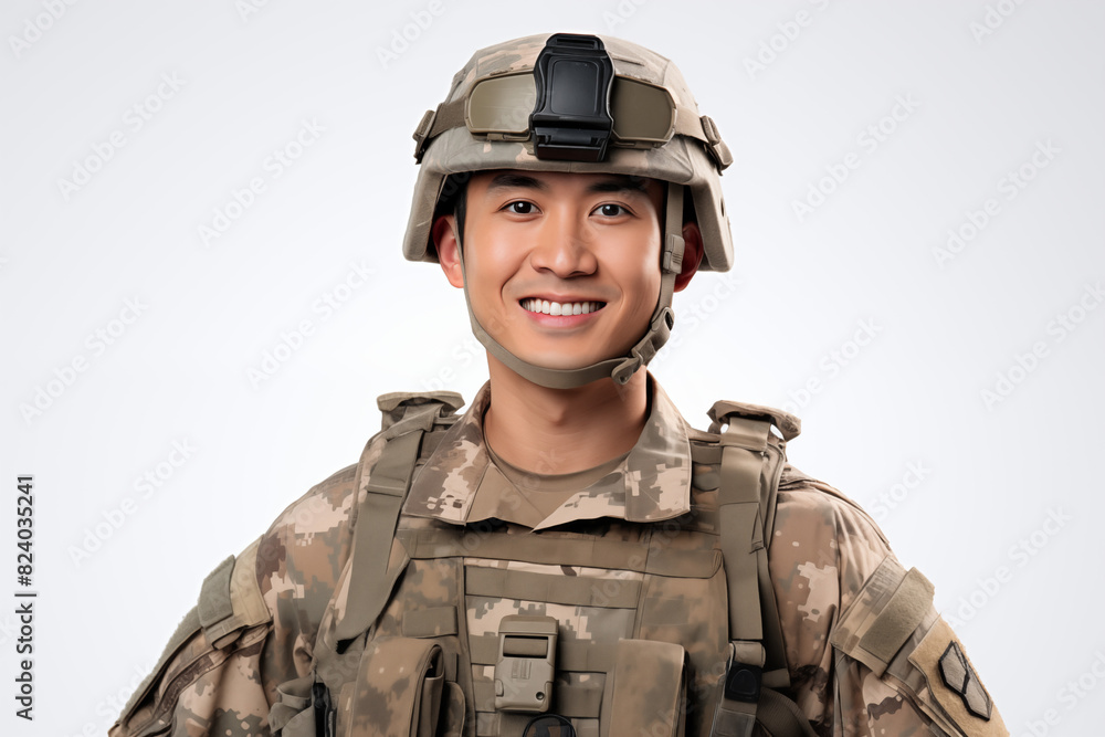 Smiling asian man on white background. War-related topics. War news. Military recruitment. Military service. World War. Asia man. Asian. China. Japan.. Image for graphic designer. IA. Smiling asian man on white background. War-related topics. War news. Military recruitment. Military service. World War. Asia man. Asian. China. Japan.. Image for graphic designer. IA.