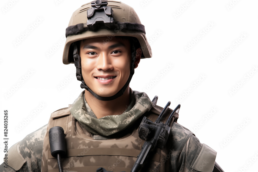 Smiling asian man on white background. War-related topics. War news. Military recruitment. Military service. World War. Asia man. Asian. China. Japan.. Image for graphic designer. IA. Smiling asian man on white background. War-related topics. War news. Military recruitment. Military service. World War. Asia man. Asian. China. Japan.. Image for graphic designer. IA.