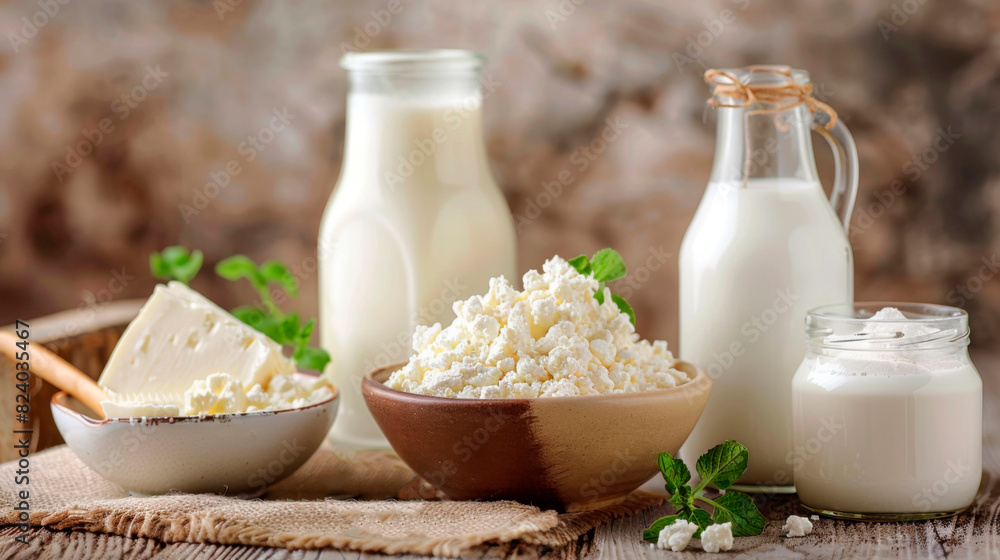 There is a variety of dairy products on the table, including milk, yogurt, cheese, and butter. These ingredients can be used in different recipes to create delicious dishes in various cuisines There is a variety of dairy products on the table, including milk, yogurt, cheese, and butter. These ingredients can be used in different recipes to create delicious dishes in various cuisines