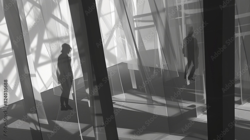 Fototapeta premium Monochrome depiction of silhouetted figures walking among imposing geometric structures, casting long shadows in a modern, minimalistic space.