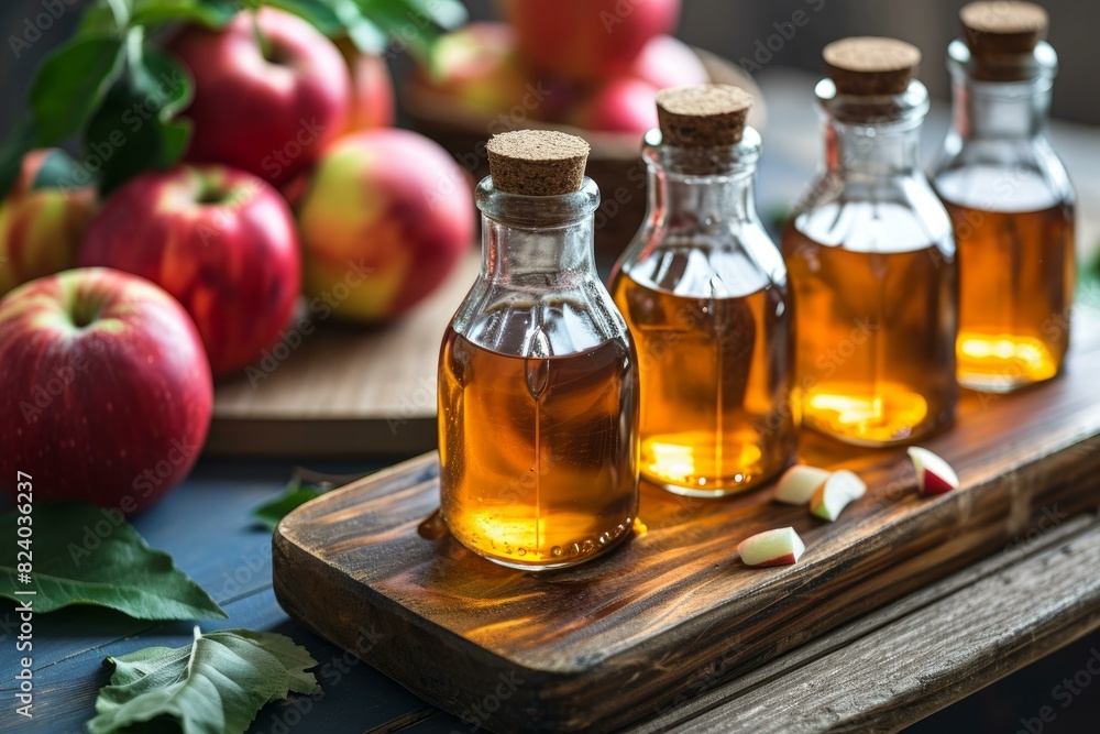 Artisanal apple cider vinegar in glass bottles with fresh apples in the background on a rustic table Artisanal apple cider vinegar in glass bottles with fresh apples in the background on a rustic table