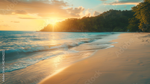 The sun sets over a secluded beach  casting a golden light on the soft waves and sandy shore  evoking a sense of peace