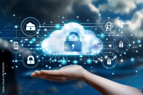 Hand presenting a glowing digital cloud with locks, symbolizing secure cloud technology and data protection in a serene blue and white digital environment.