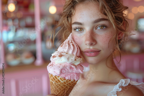 A girl holding an oversized ice cream cone. Concept of fun and exaggeration. Generative Ai.