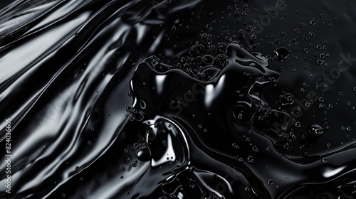 Black liquid flowing, with droplets and bubbles on the surface, against a dark background.
