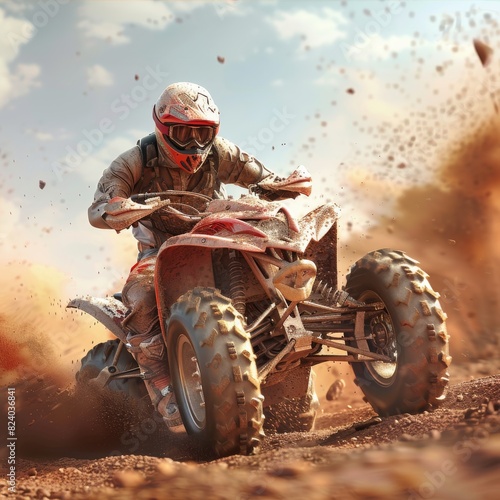 A man is seen riding a four wheeler on a dusty path, kicking up dirt as he speeds along the rugged terrain