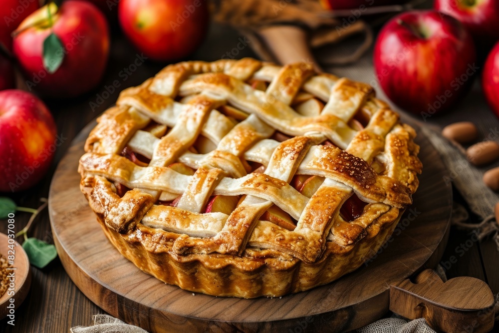 Freshly baked apple pie with lattice crust on rustic wooden background, surrounded by ingredients Freshly baked apple pie with lattice crust on rustic wooden background, surrounded by ingredients