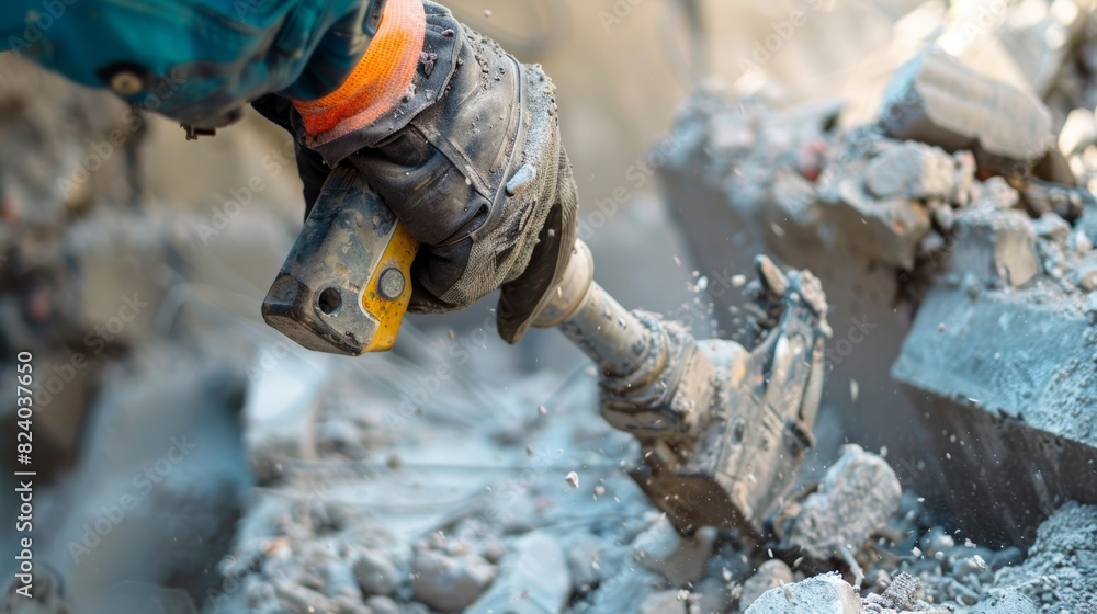 A closeup of a worker operating a jackhammer breaking through concrete walls during the demolition process. A closeup of a worker operating a jackhammer breaking through concrete walls during the demolition process.