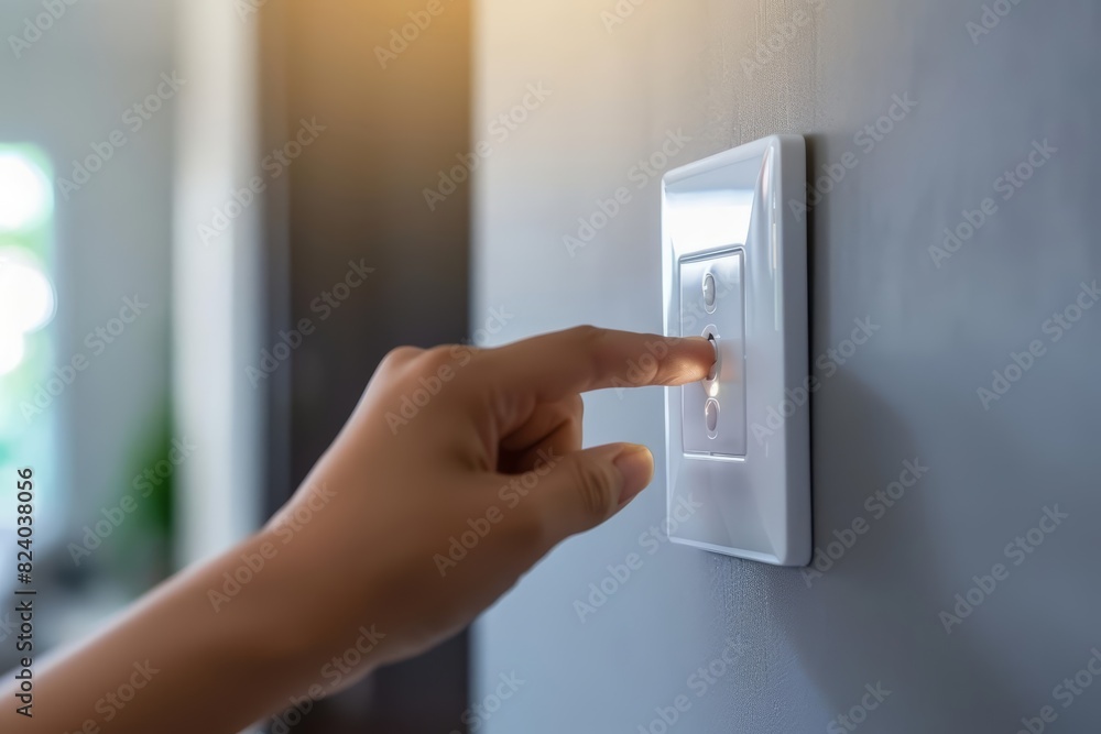 A closeup of a finger turning on a white light switch on a grey wall A closeup of a finger turning on a white light switch on a grey wall