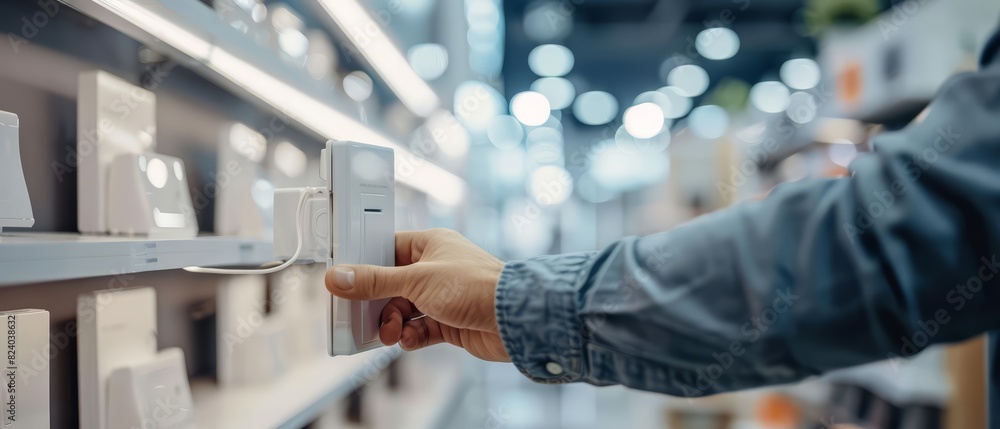 A closeup of a male hand pulling a light switch chain on a white lamp in a home decor store A closeup of a male hand pulling a light switch chain on a white lamp in a home decor store