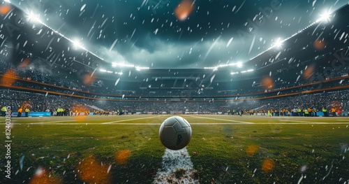 Soccer Field in Rain with Ball and Stormy Sky. 
Soccer field in the rain with a ball on the pitch, under stormy skies and stadium lights. photo