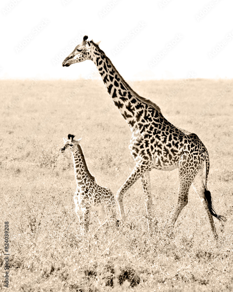 Obraz premium Serengeti Giraffe Baby with Mother Black and White
