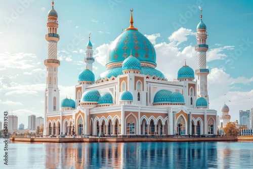 Beautiful mosque with blue domes reflecting in tranquil water photo