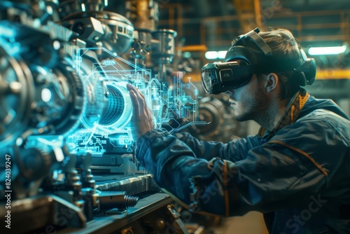 A closeup of a worker using augmented reality glasses to repair industrial machinery