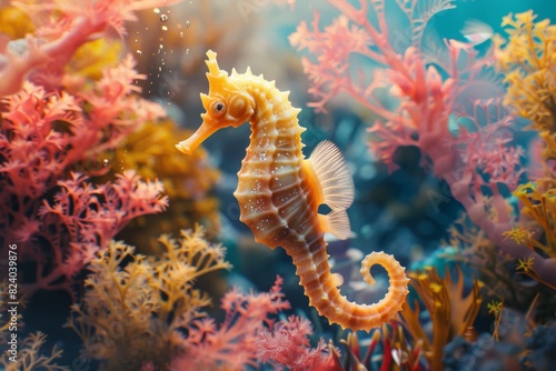 Witness the joyous sight of a seahorse gracefully twirling amidst vibrant and diverse coral formations.