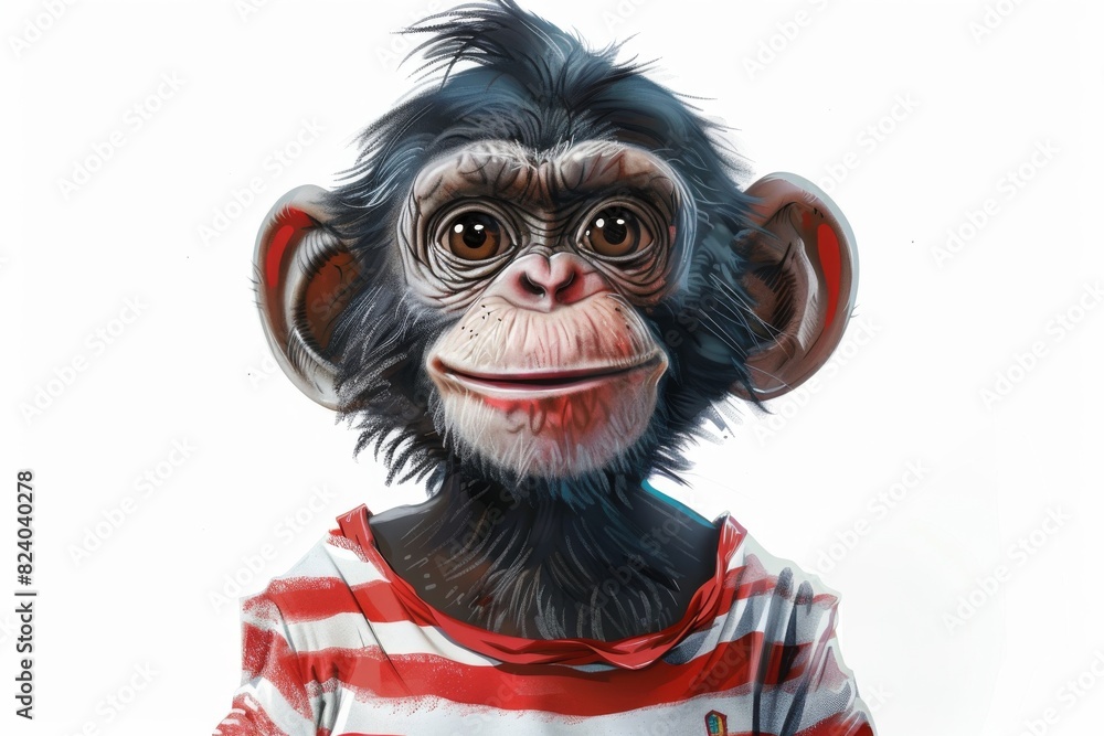 An adorable mischievous monkey wearing a red and white striped shirt, grinning playfully. The illustration is set against a clear white background. An adorable mischievous monkey wearing a red and white striped shirt, grinning playfully. The illustration is set against a clear white background.