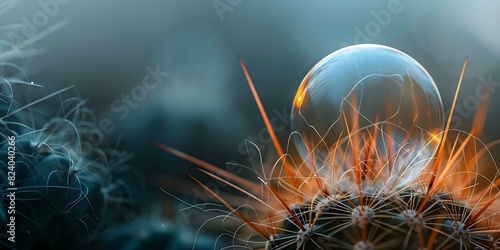 Soap bubble near cactus symbolizes risk danger and fragility on dark background. Concept Risk & Danger, Fragility, Soap Bubble, Cactus, Dark Background photo