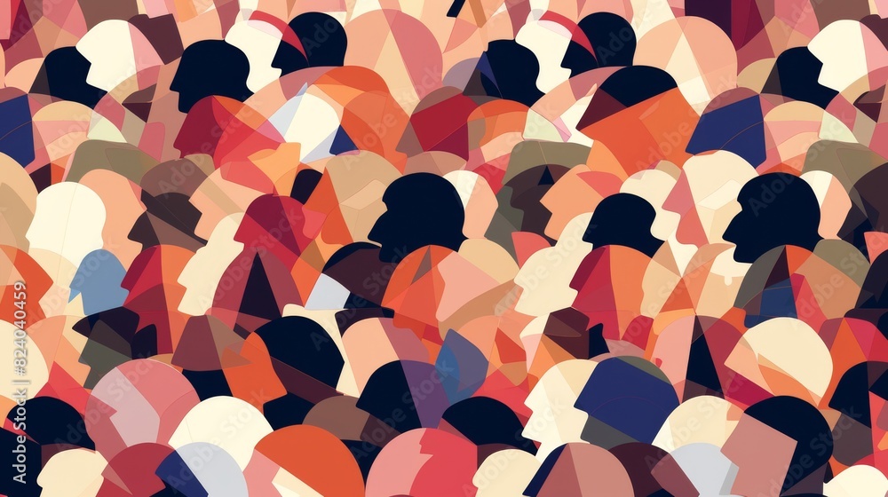 Digital art of a dense crowd of stylized, colorful abstract faces overlapping each other.
