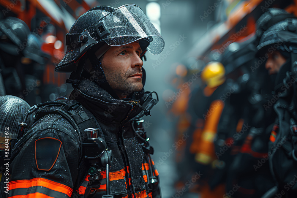 A firefighter checking equipment in the firehouse. Concept of readiness and bravery. Generative Ai.
