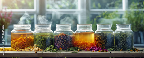 Assorted dried herbs and teas in glass jars photo