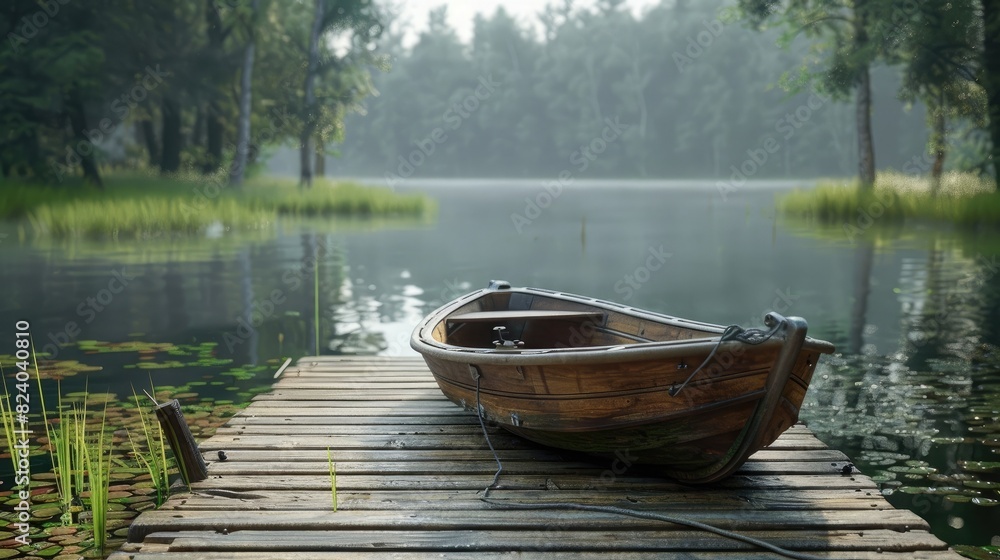 wooden dock, showcasing woodworking in architecture. Detailed wooden planks with natural textures, a small wooden boat tied to the dock, calm reflective water, surrounded by a lush forest, conveying a