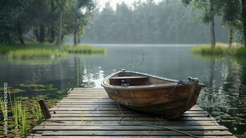 wooden dock, showcasing woodworking in architecture. Detailed wooden planks with natural textures, a small wooden boat tied to the dock, calm reflective water, surrounded by a lush forest, conveying a