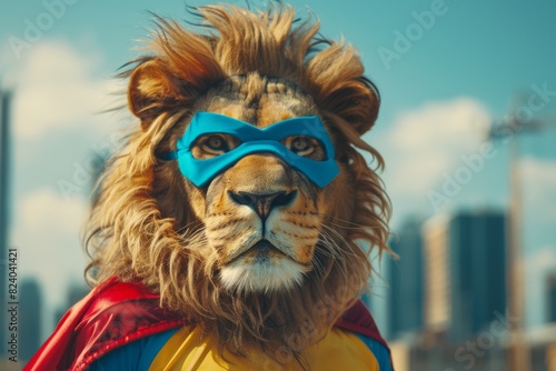 Experience the playful and animated lion as it dons a superhero costume complete with a cape and a mask, ready to save the day!