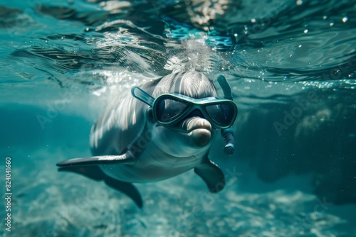 A cheerful dolphin geared up with a snorkel and flippers, eagerly anticipating an underwater adventure.