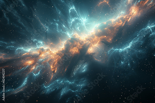 The serene serenade of a distant quasar, its powerful jets of energy illuminating the depths of space. Concept of extragalactic phenomena. Generative Ai. photo