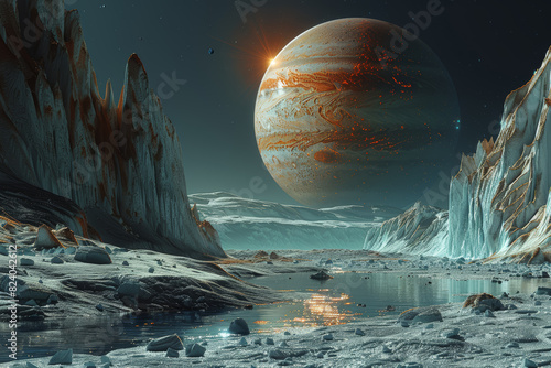 The icy plains of Europa, Jupiter's moon, concealing a subsurface ocean teeming with the potential for extraterrestrial life. Concept of planetary exploration. Generative Ai.