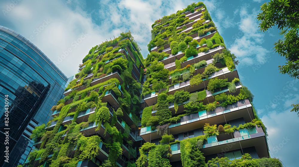 A towering building covered in a lush garden of plants reaching towards the sky, creating a breathtaking sight of urban nature merging with architecture