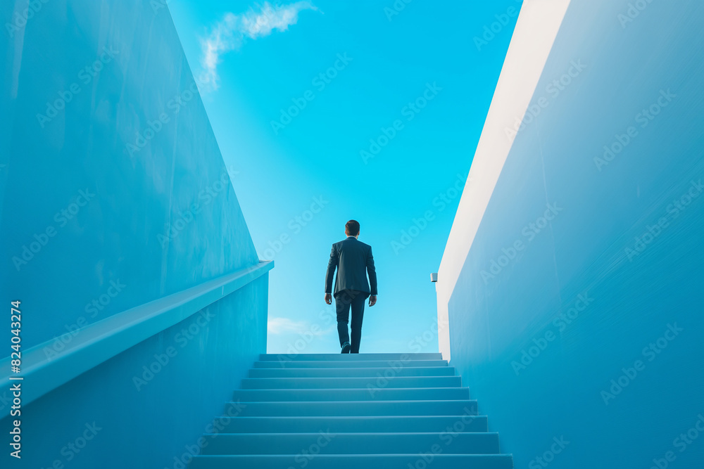 Businessman walking up the stairs to success Businessman on staircase to the sky Stairway to heaven concept Man in suit going upstairs to bright future Steps to success