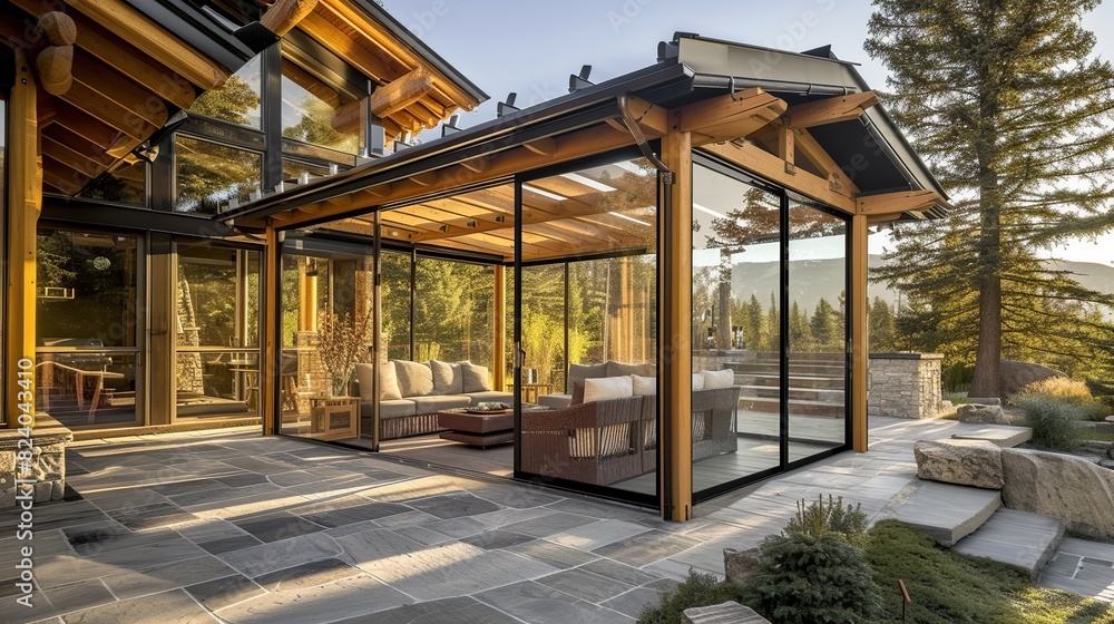 Modern Pergola Sunroom on Mountain House Patio. Generative Ai Modern Pergola Sunroom on Mountain House Patio. Generative Ai
